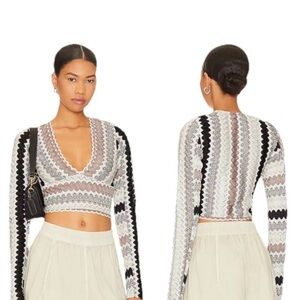 Free People Revolve Twist & Shout Black White Tan Fitted Crop Sweater Top XL